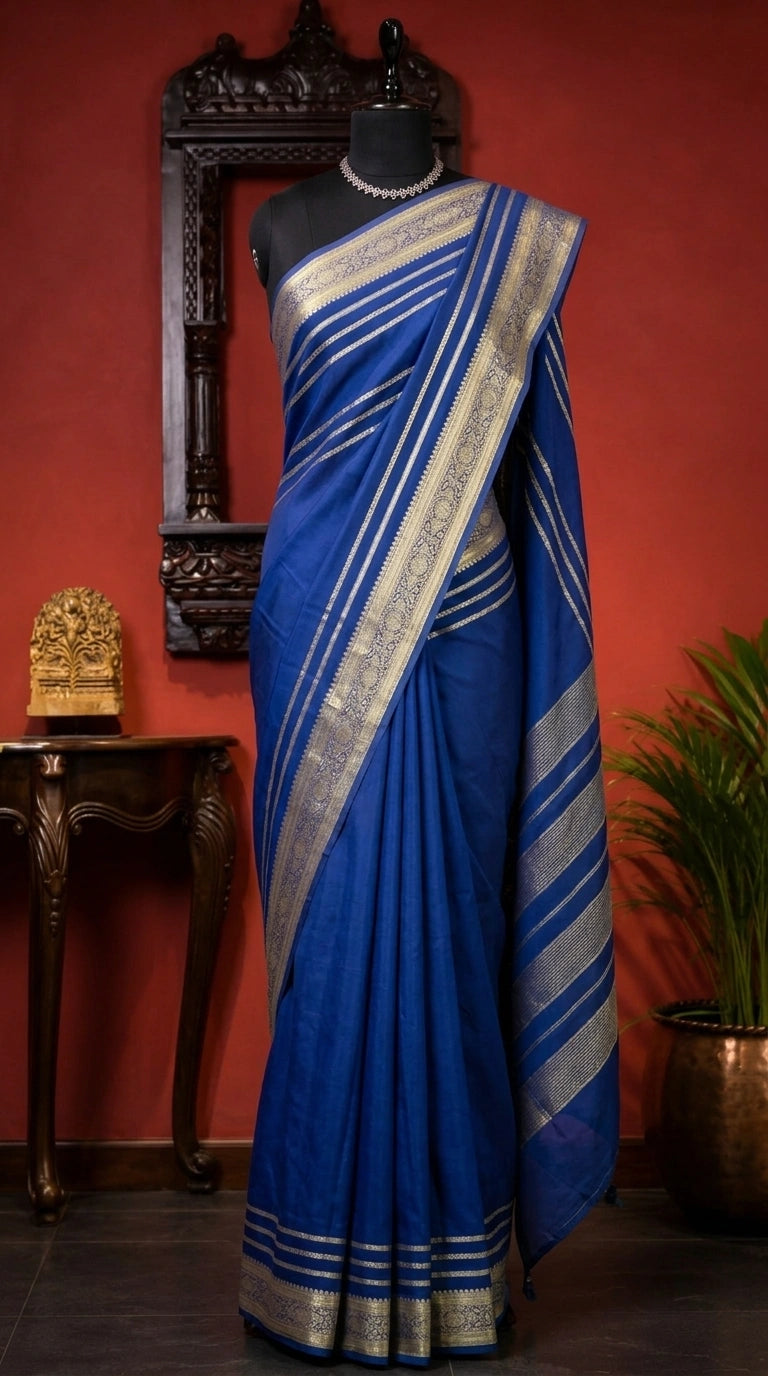 Navy Blue Plain Mysore Crepe Silk Saree 