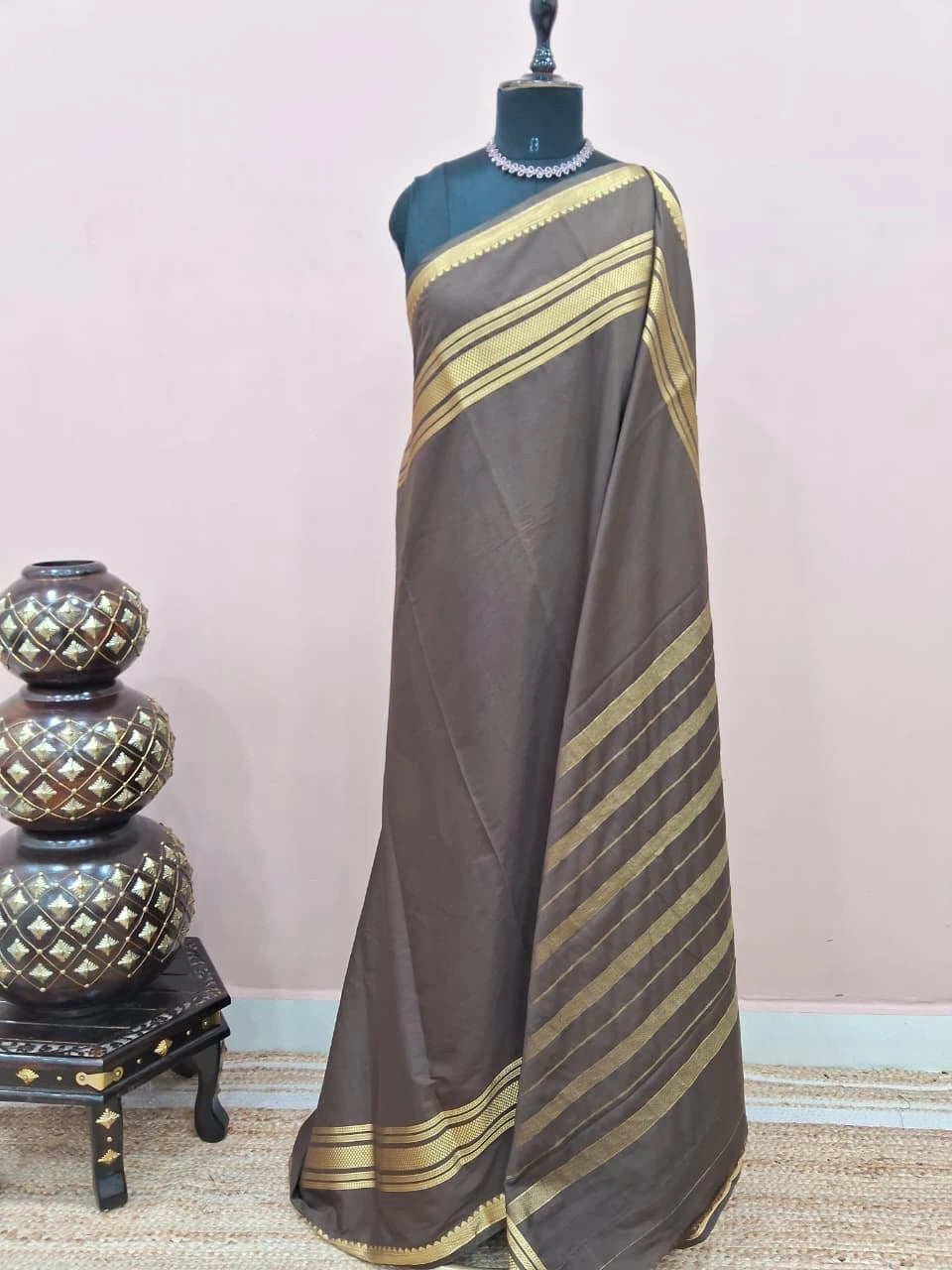 Chocolate Brown Plain Mysore Crepe Silk Saree 