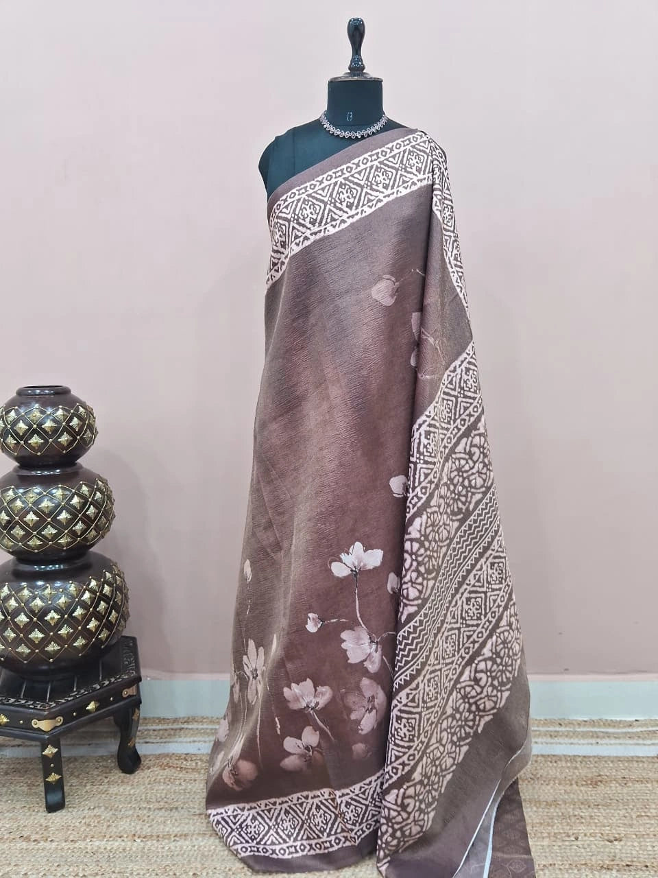 Dark Brown Plain Crush Silk Saree