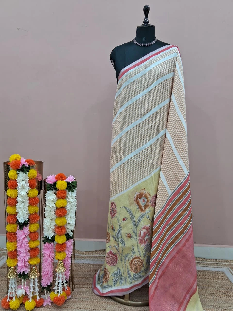 Cream Pure Linen Saree
