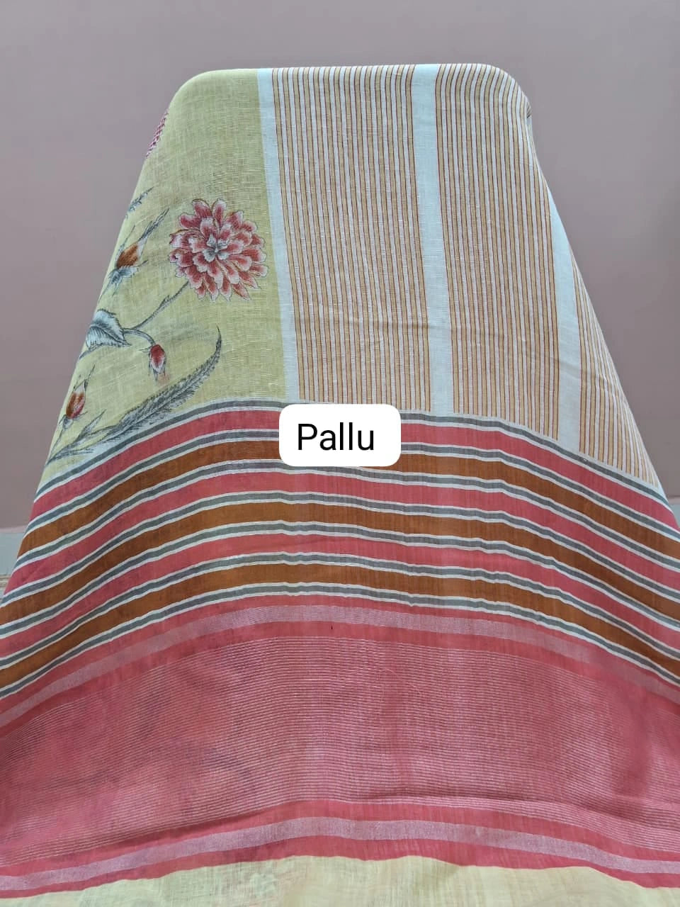 Cream Pure Linen Saree Pallu