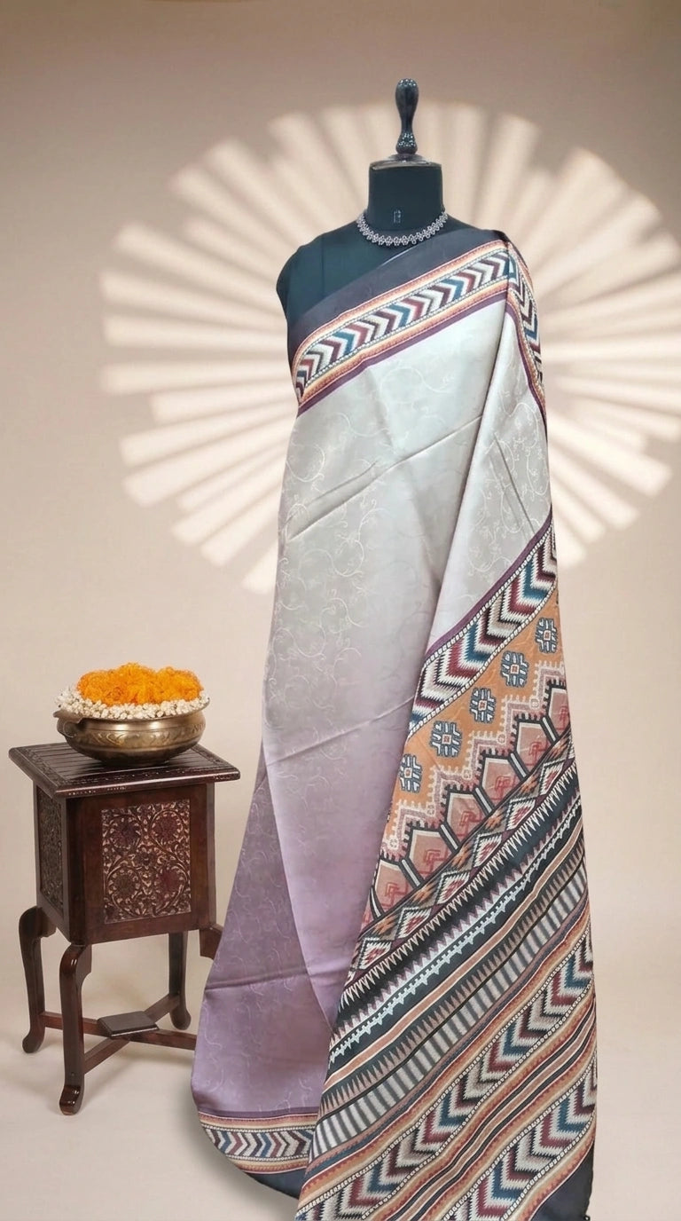 Elegant Pearl White and Light Onion Pink Satin Saree 