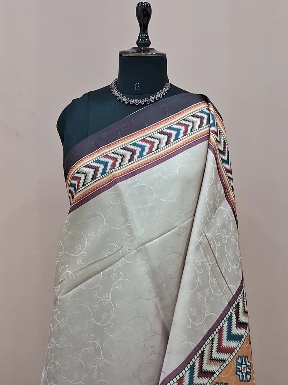Elegant Pearl White and Light Onion Pink Satin Saree 1