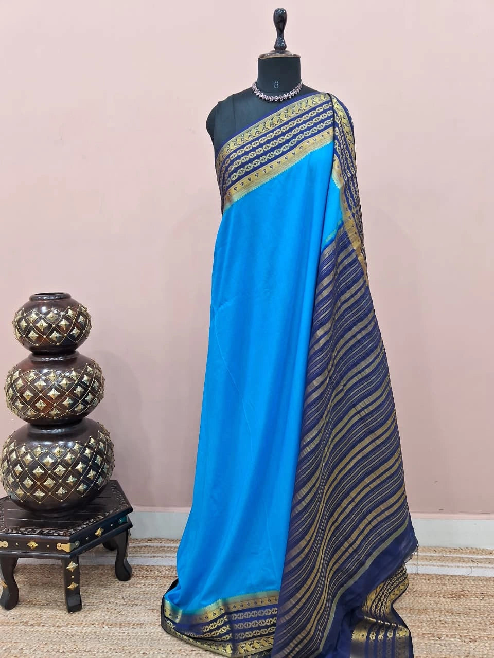 Graceful Cornflower Blue Plain Mysore Crepe Silk Saree 