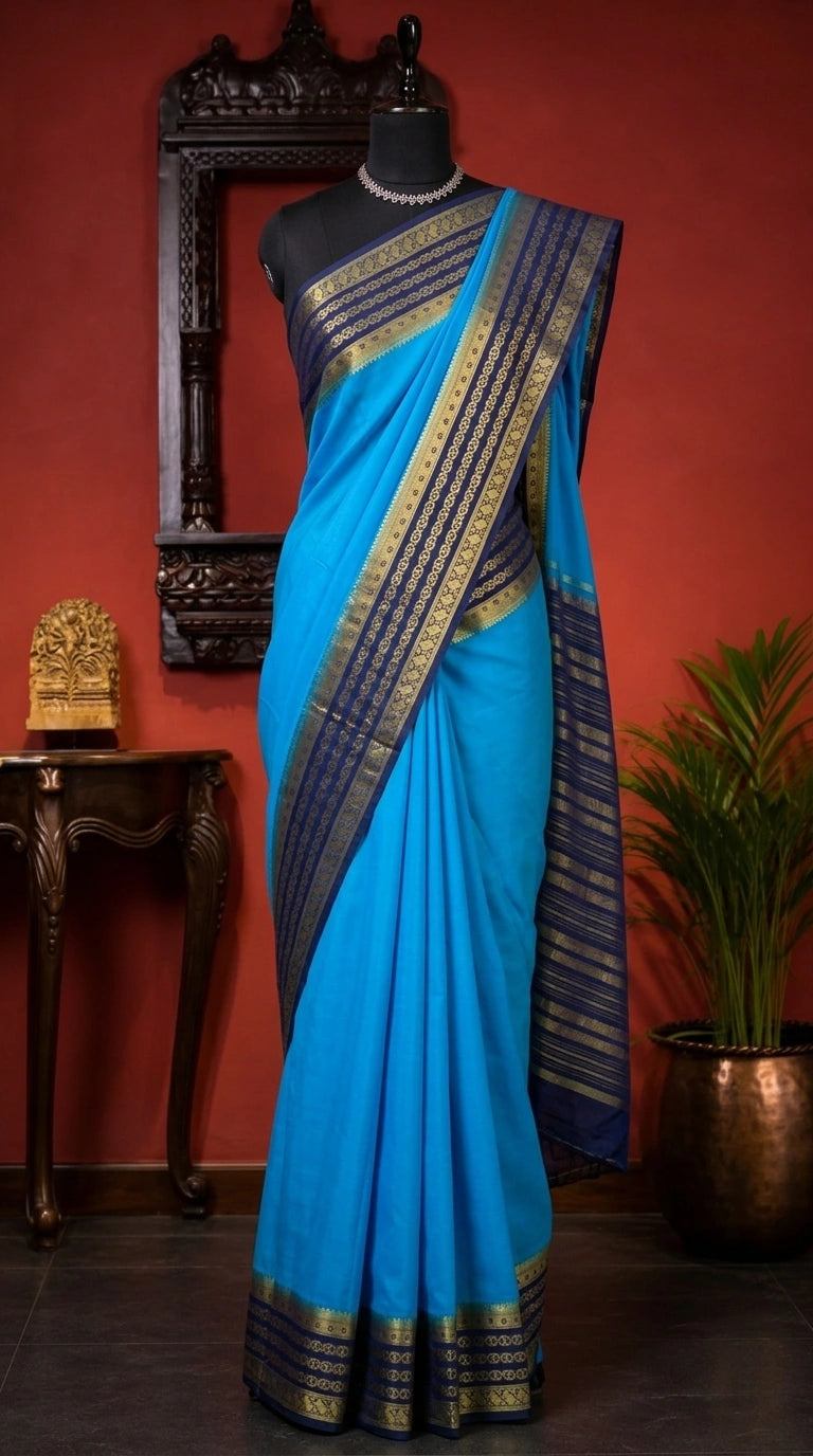 Graceful Cornflower Blue Plain Mysore Crepe Silk Saree 
