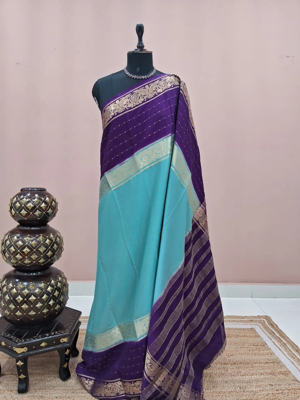 Sky Blue Plain Mysore Crepe Silk Saree