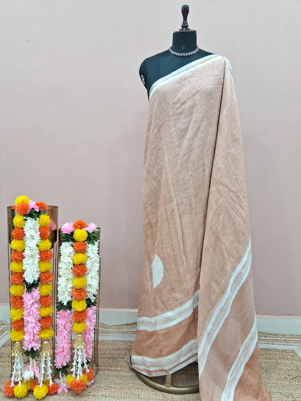 Beige Pure Linen Saree