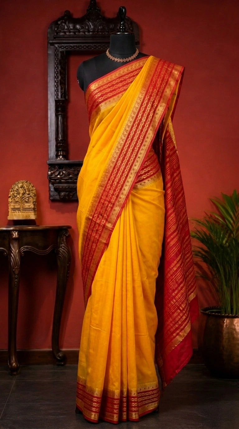 Mango Yellow Plain Mysore Crepe Silk Saree 