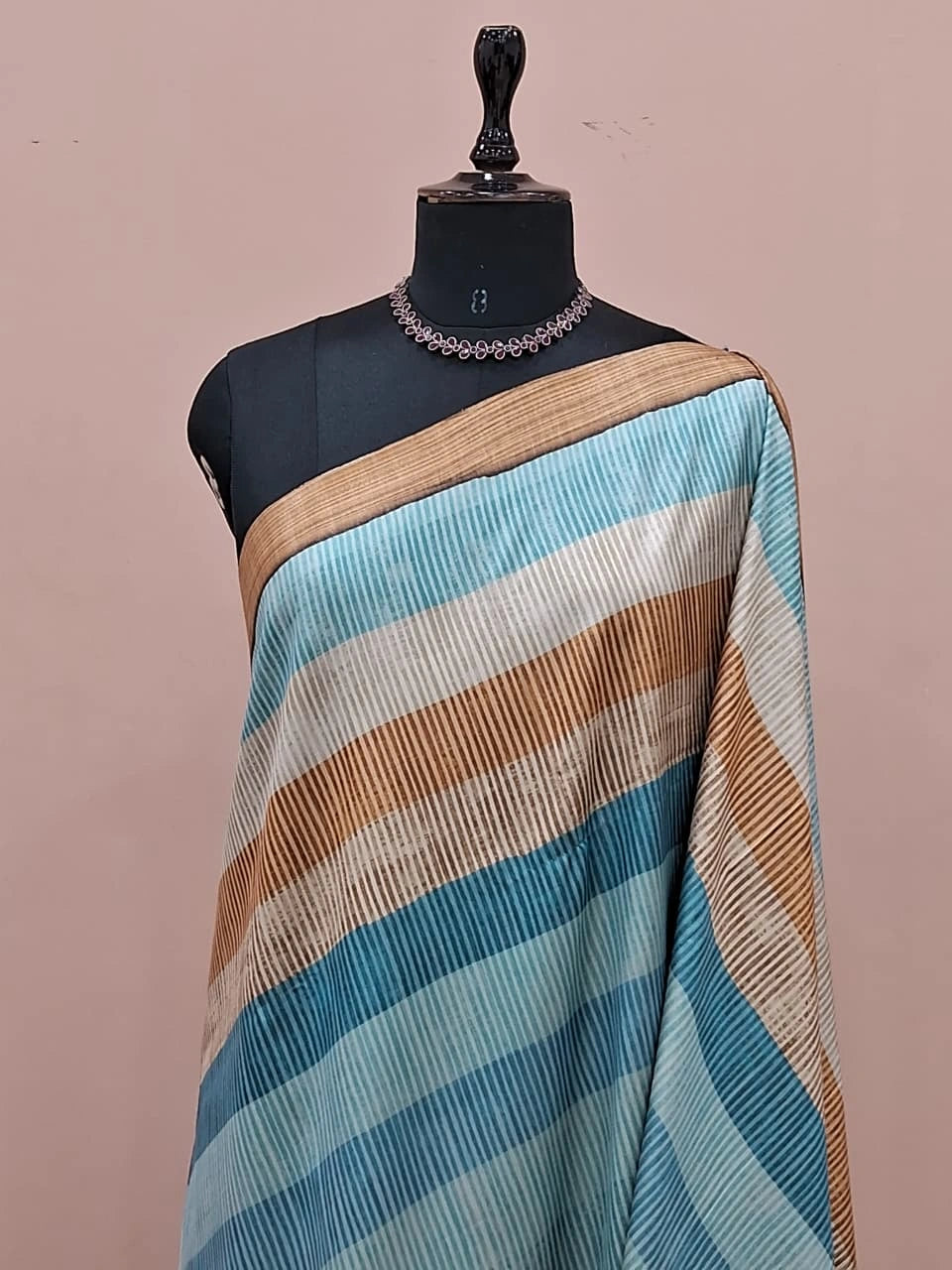 Sky Blue Satin Tussar Silk Saree 1