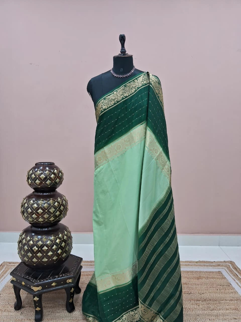 Pista Green Plain Mysore Crepe Silk Saree