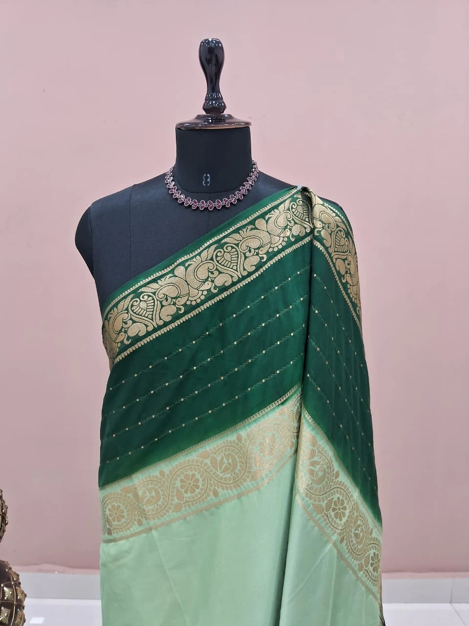 Pista Green Plain Mysore Crepe Silk Saree 1