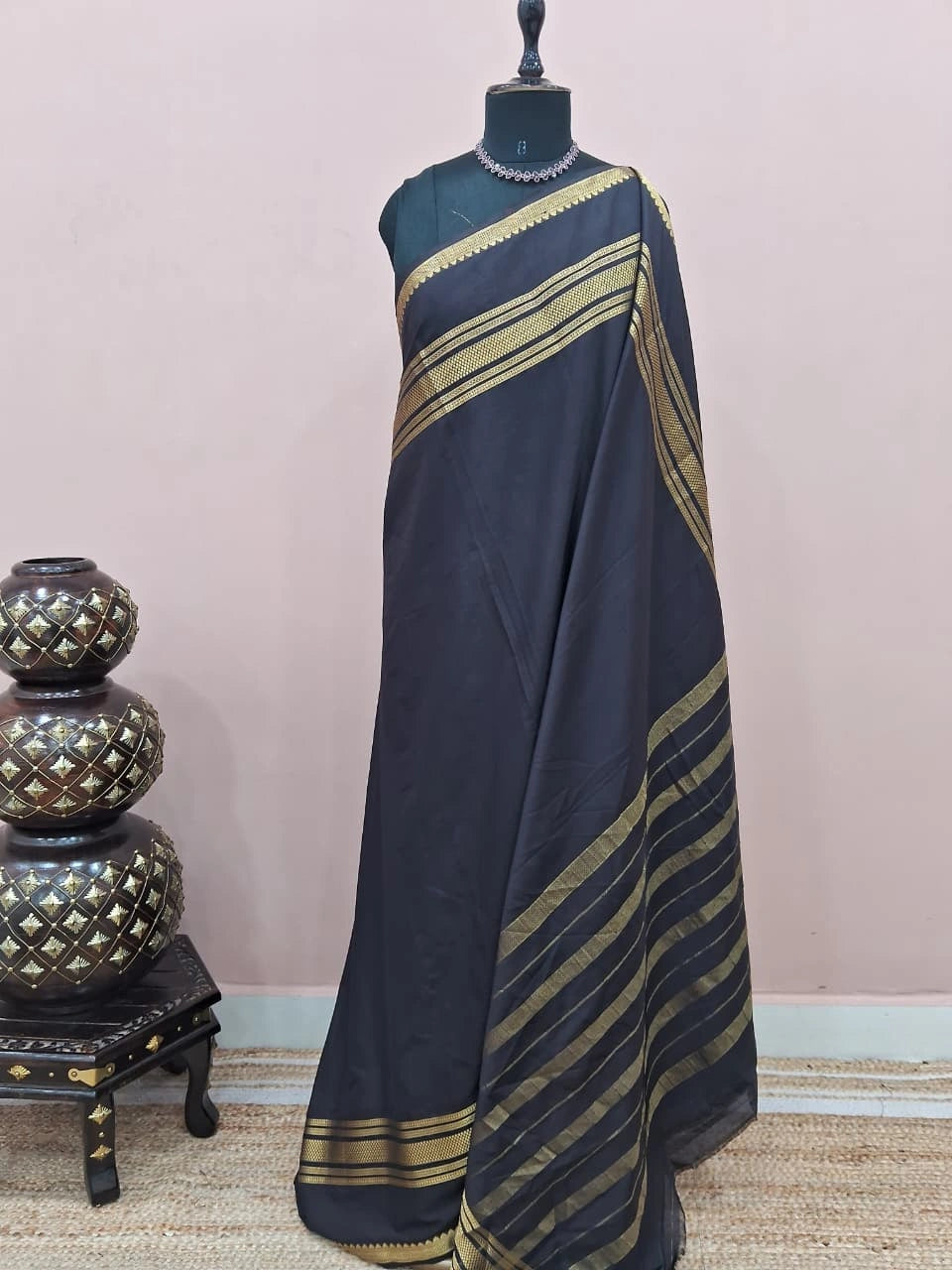 Classic Black Plain Mysore Crepe Silk Saree 