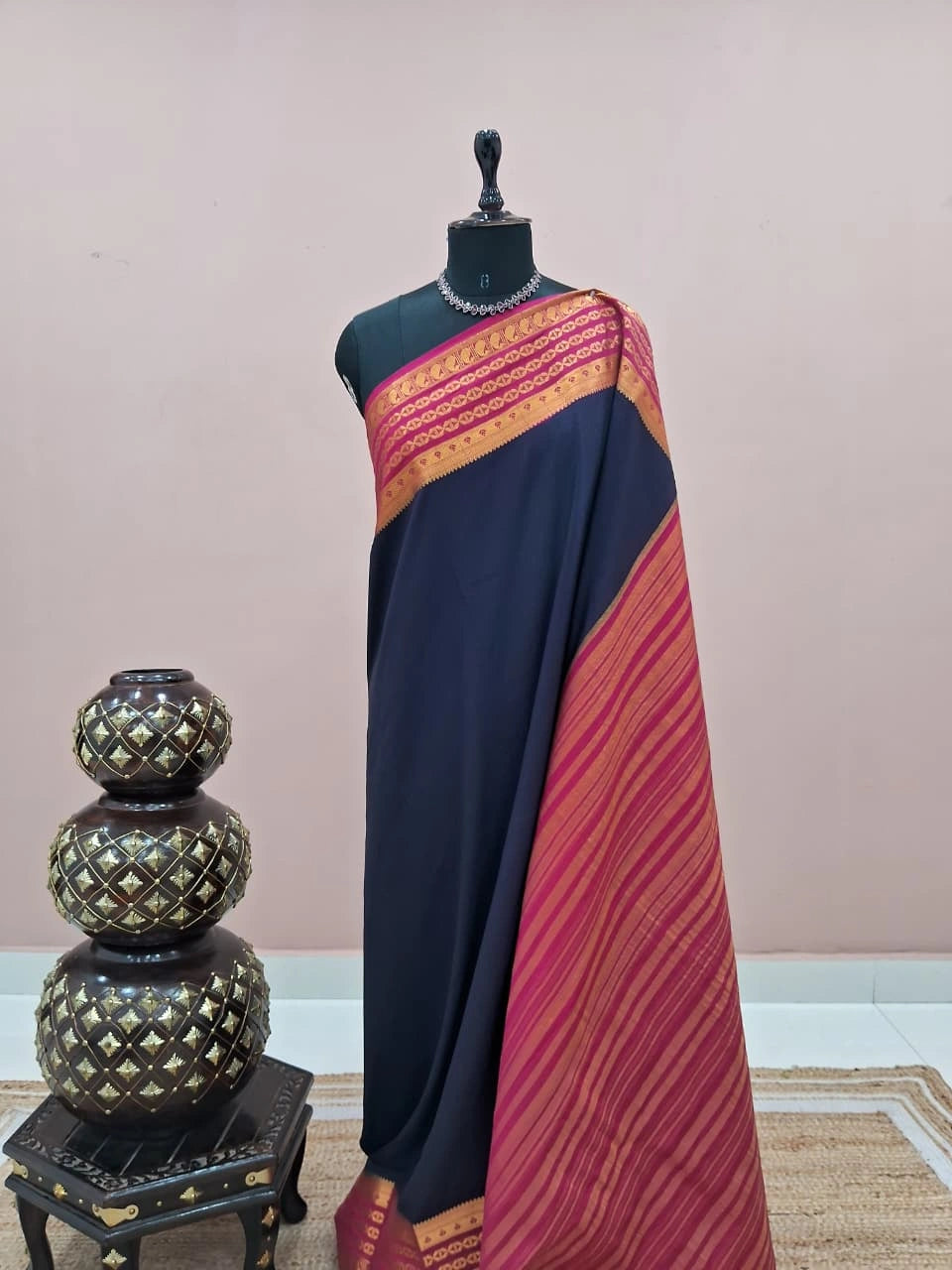 Dark Navy Blue Plain Mysore Crepe Silk Saree