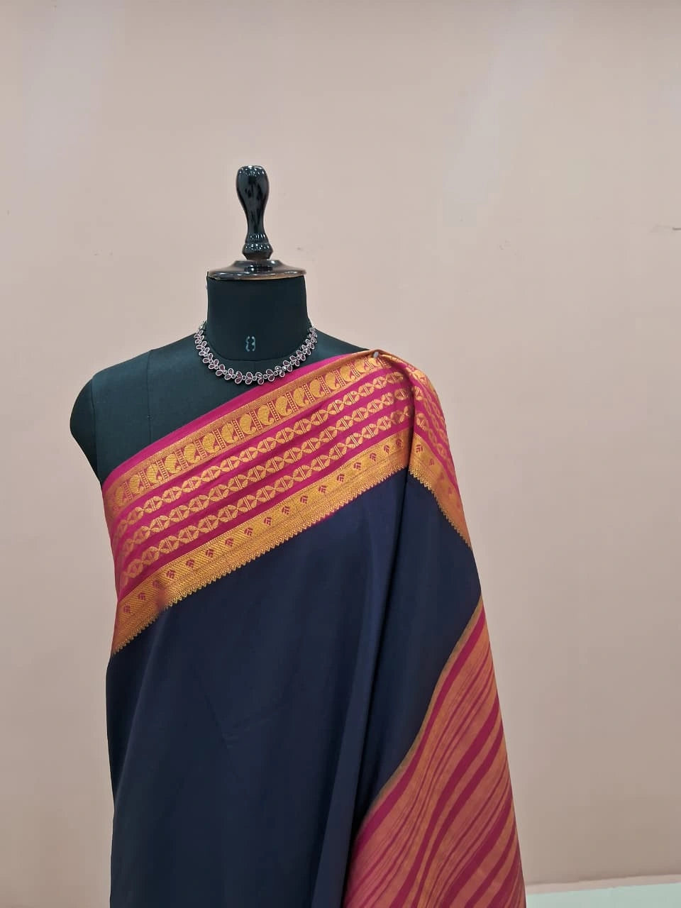 Dark Navy Blue Plain Mysore Crepe Silk Saree 1