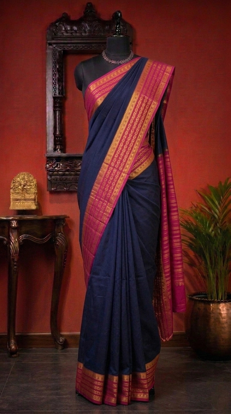 Dark Navy Blue Plain Mysore Crepe Silk Saree