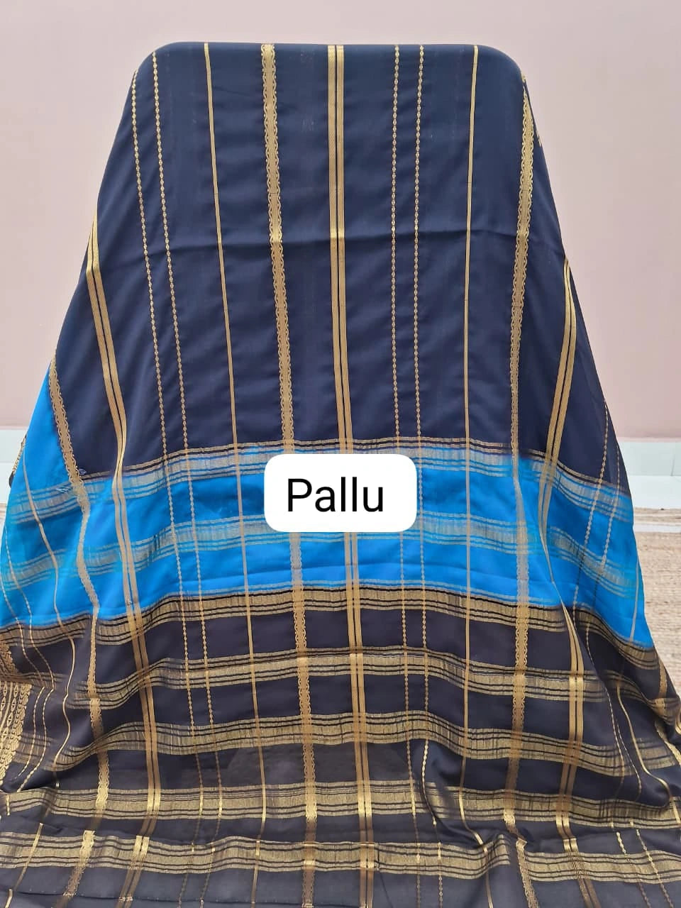 Black and Blue Crepe Silk Saree Pallu