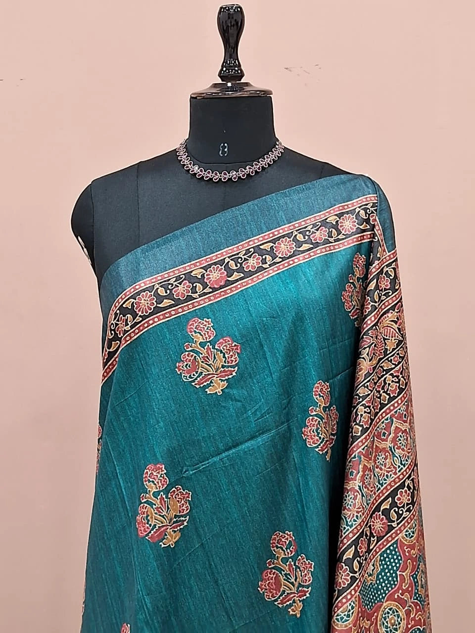 Teal Blue Satin Tussar Saree 1