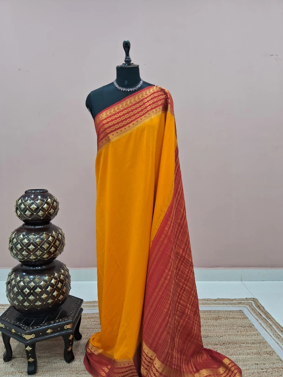 Mango Yellow Plain Mysore Crepe Silk Saree