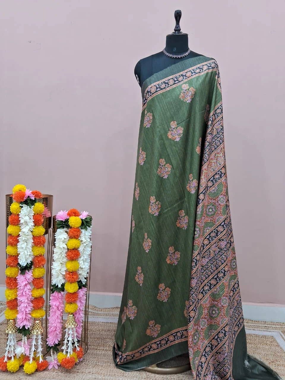 Leaf Green Satin Tussar Saree 