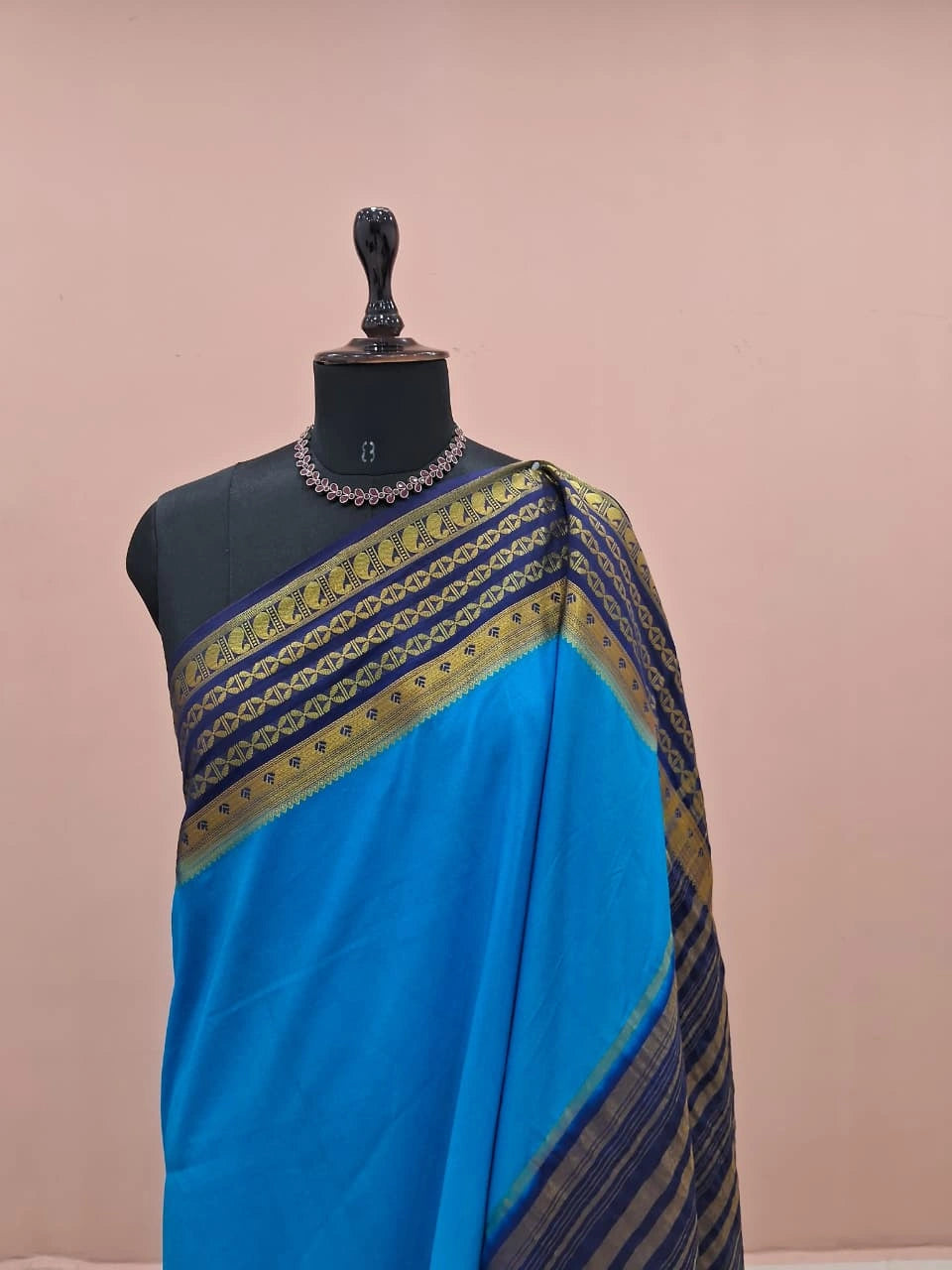 Caribbean Blue Plain Mysore Crepe Silk Saree 1