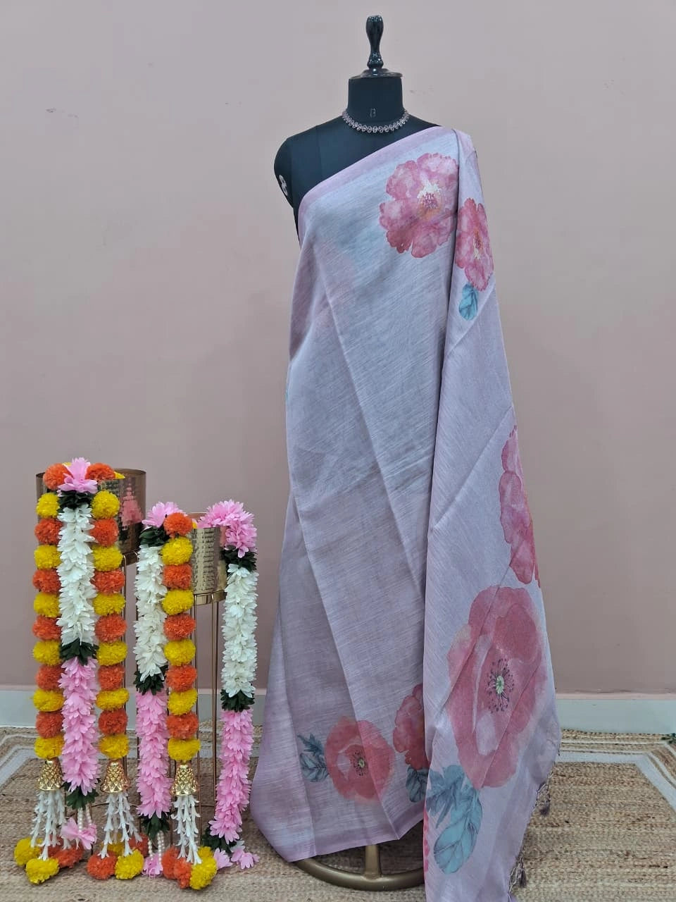 Light Baby Pink Tissue Tussar Saree