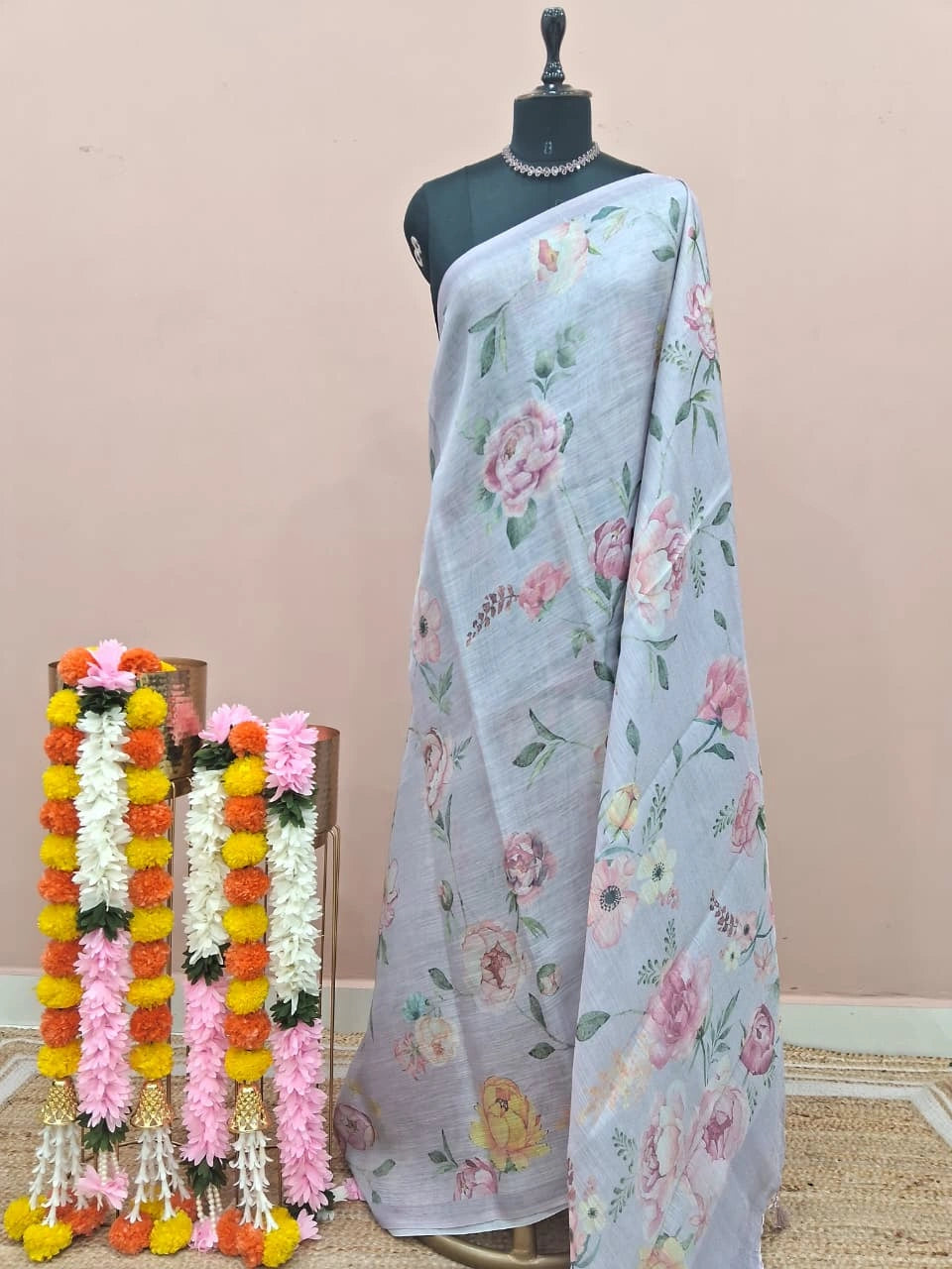 Metal Grey Tissue Tussar Saree
