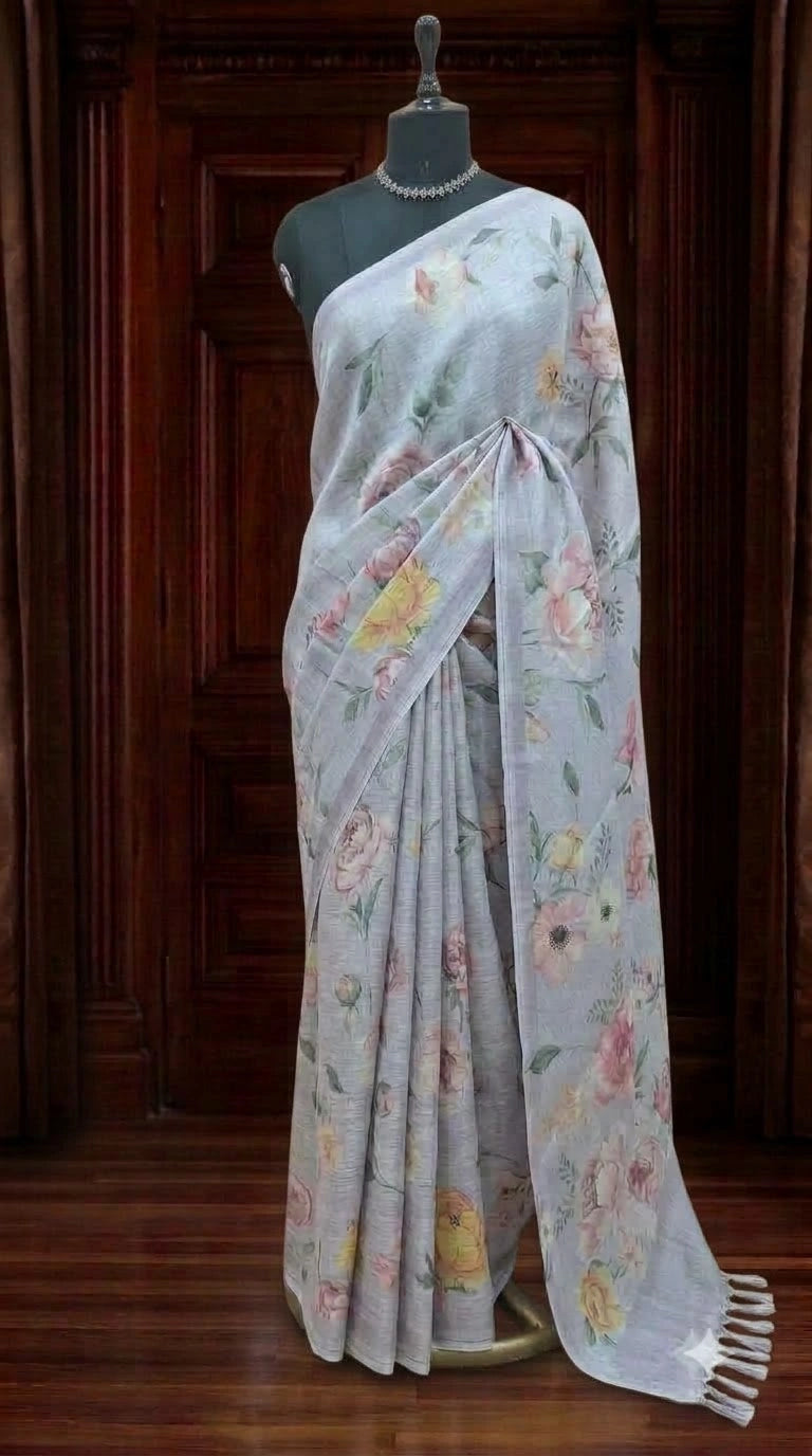 Metal Grey Tissue Tussar Saree