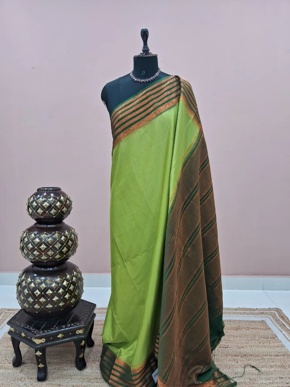 Parrot Green Plain Mysore Crepe Silk Saree