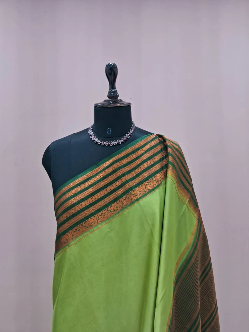 Parrot Green Plain Mysore Crepe Silk Saree 1