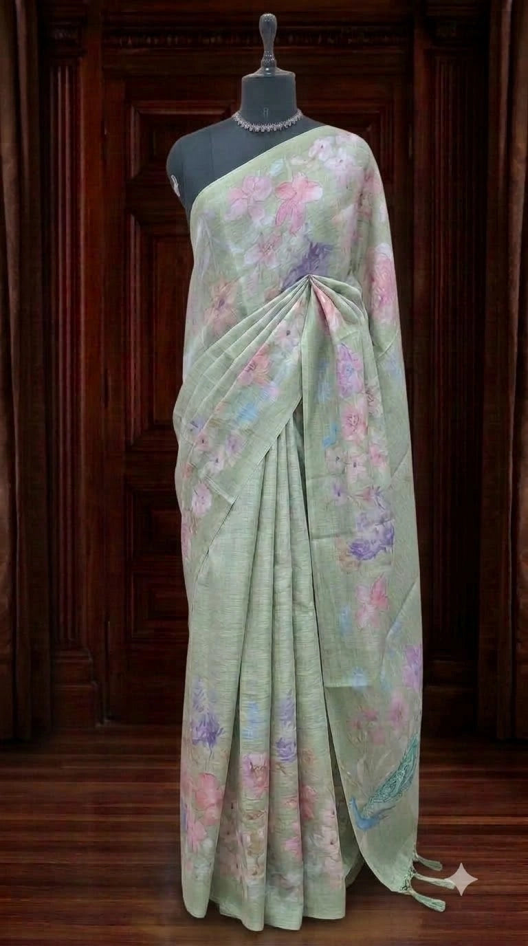 Light Mint Green Tissue Tussar Saree
