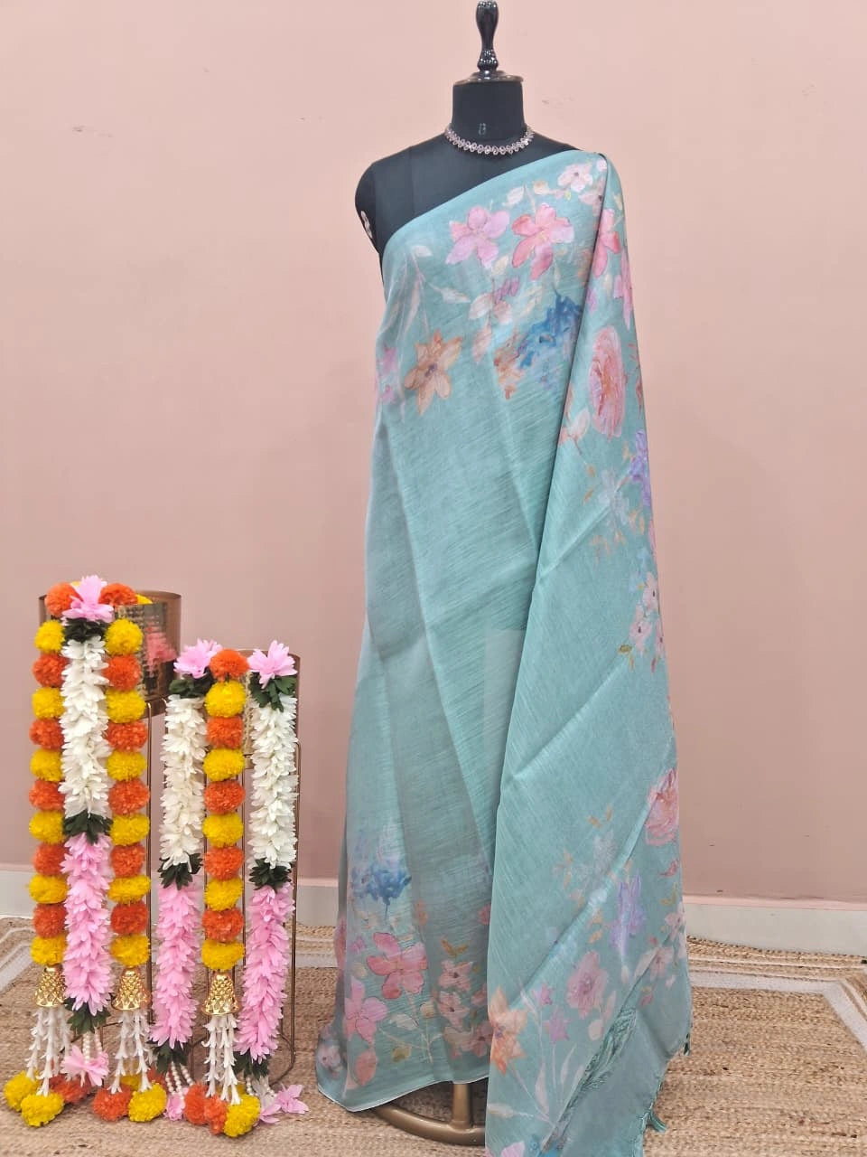 Light Aqua Blue Tissue Tussar Saree 