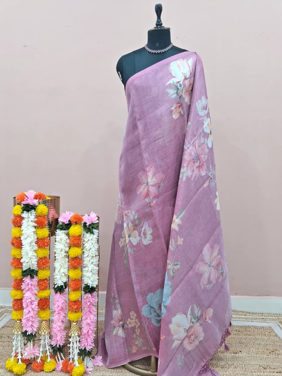 Light Raspberry Pink Tissue Tussar Saree