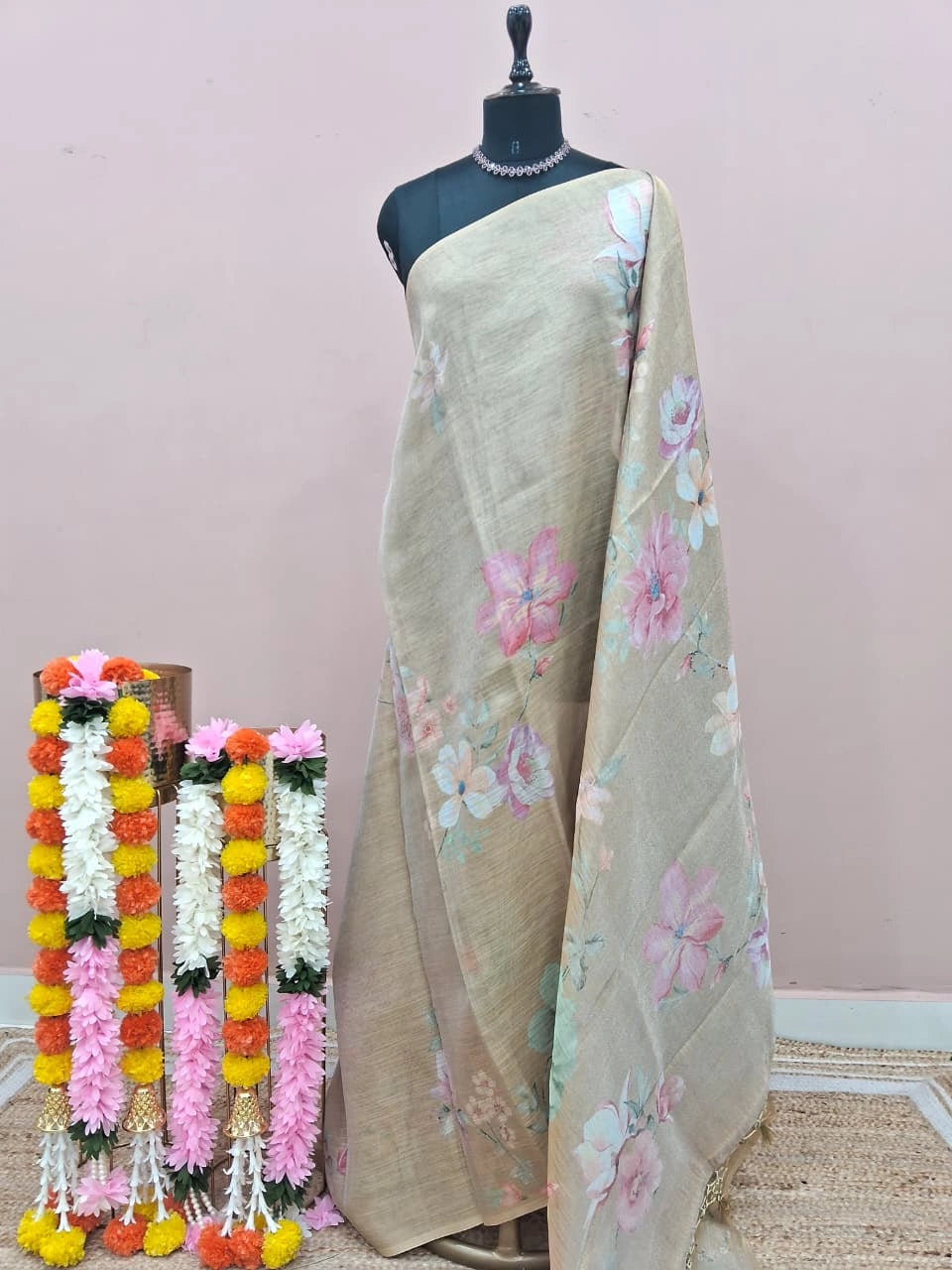 Beige Tissue Tussar Saree