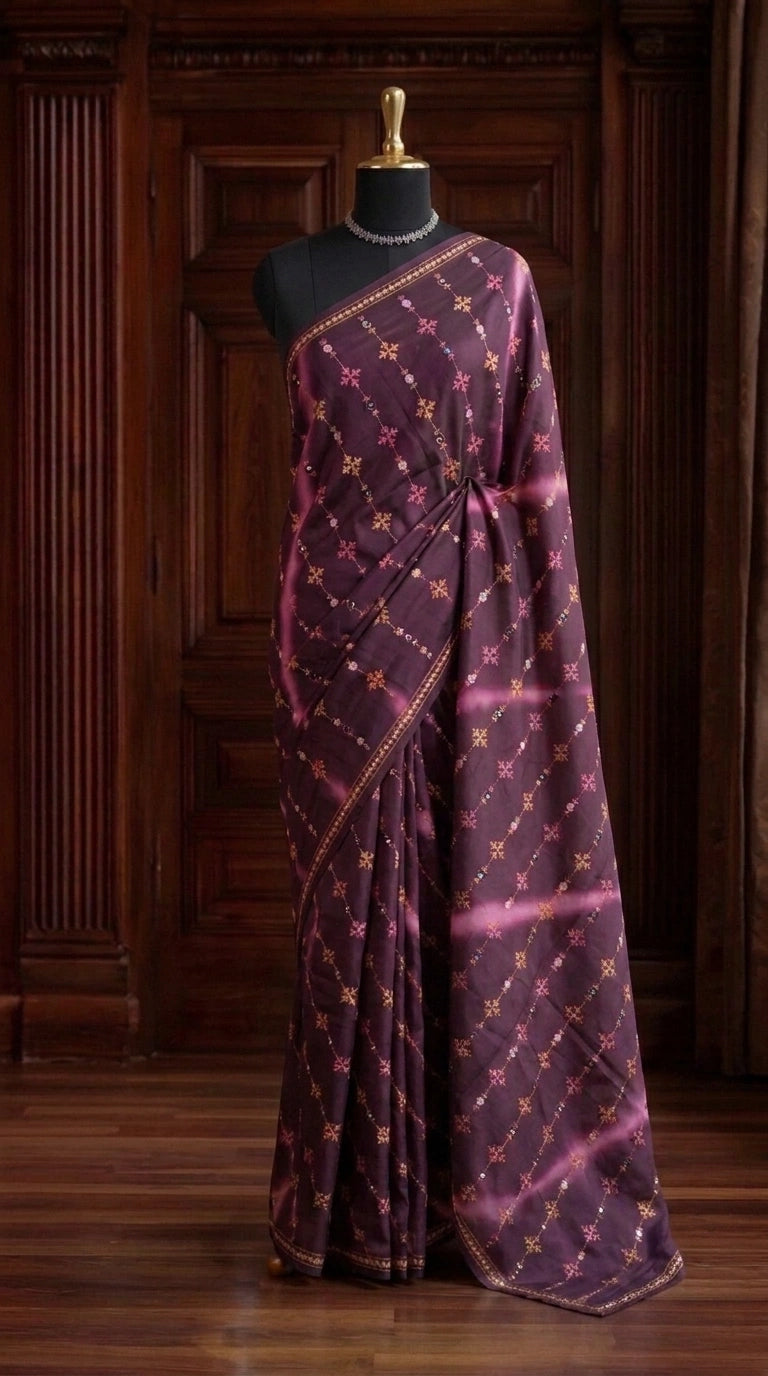 Dark Wine Embroidered Tussar Saree 