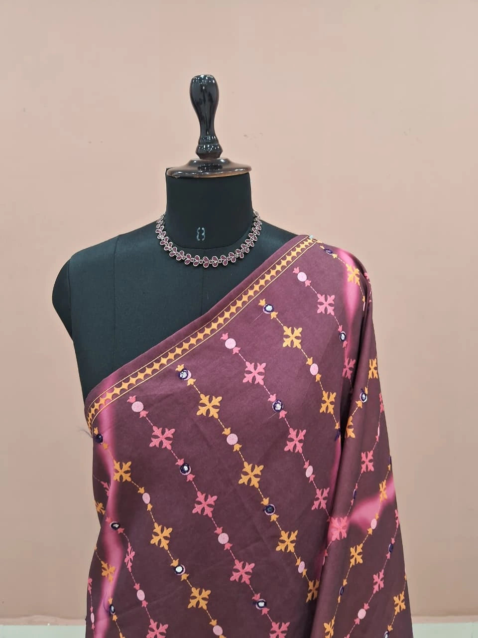 Dark Wine Embroidered Tussar Saree 1