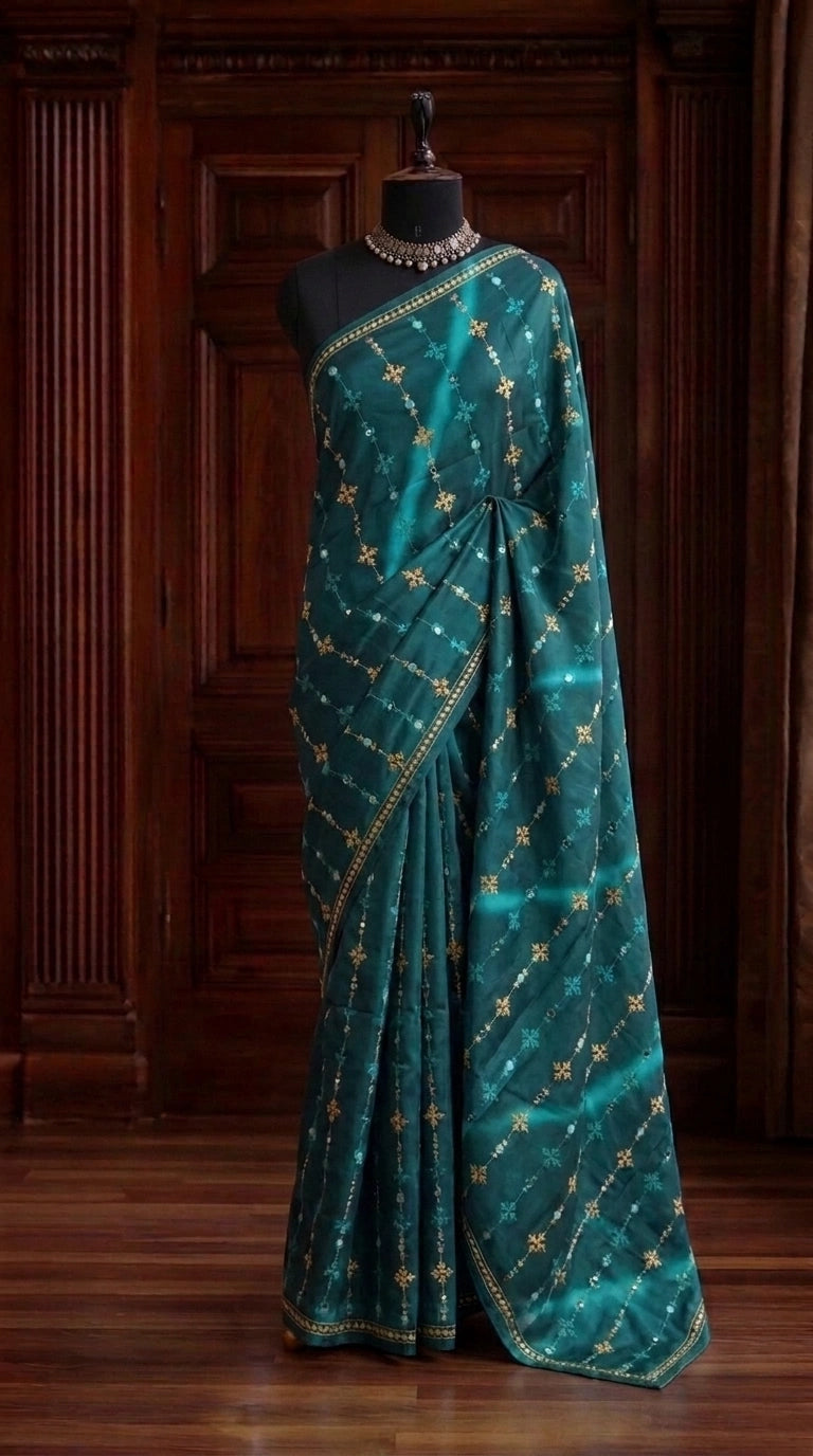 Teal Blue Embroidered Tussar Saree