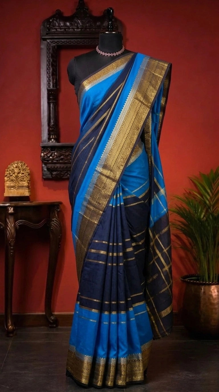Dark Navy Blue Mysore Crepe Silk Saree 