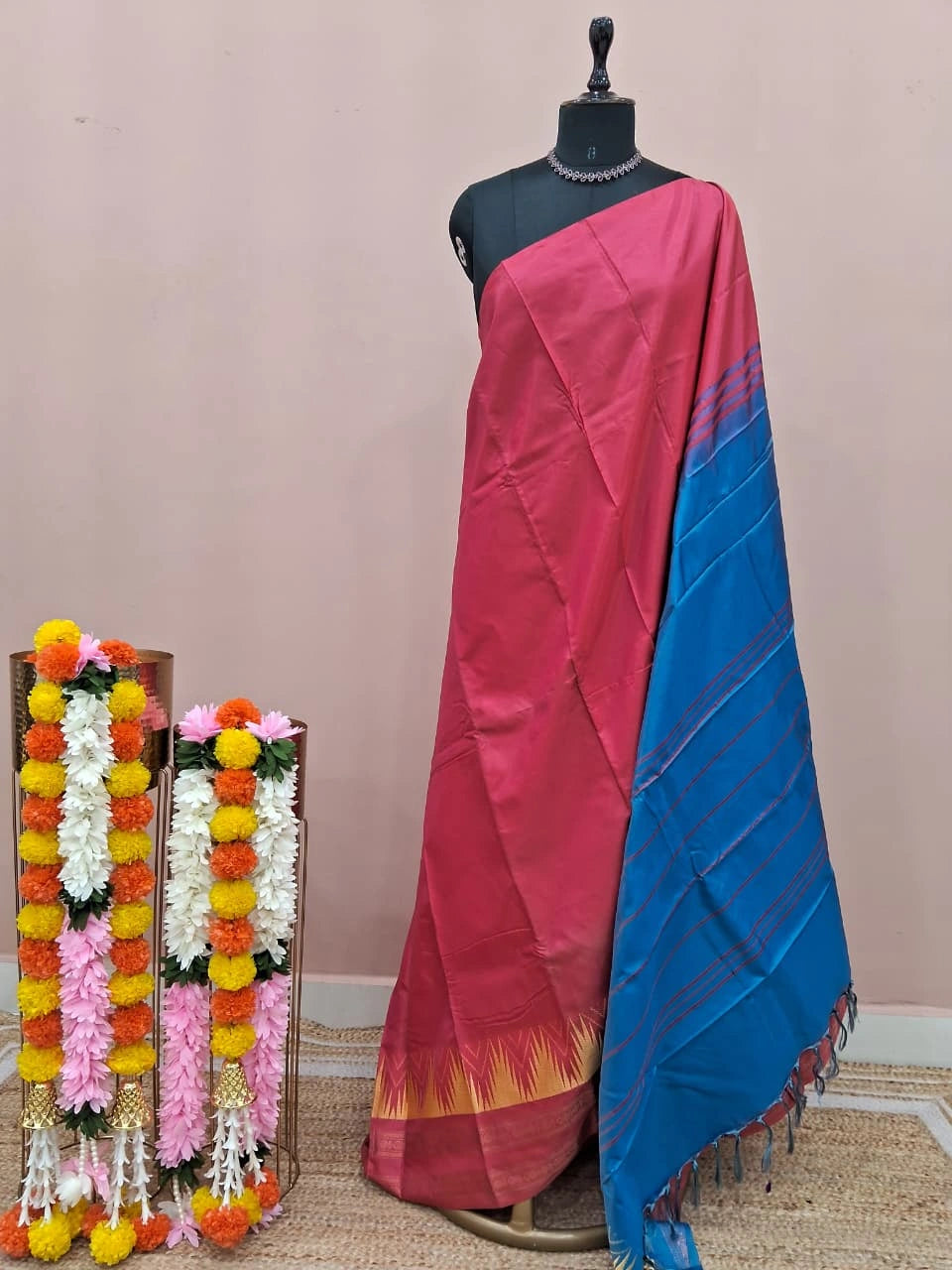 Reddish Pink Plain Banana Silk Saree