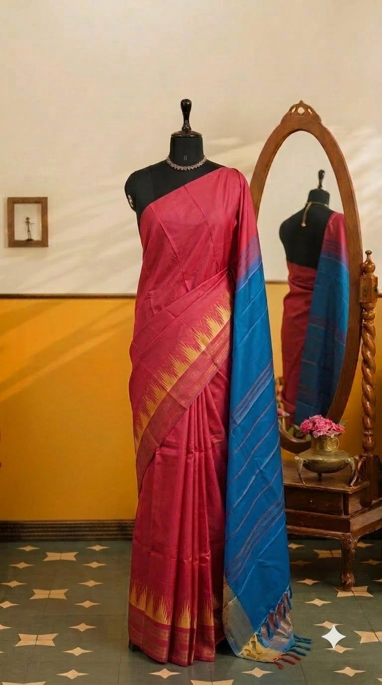 Reddish Pink Plain Banana Silk Saree
