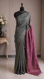 Dark Grey-Shaded Plain Gicha Saree 