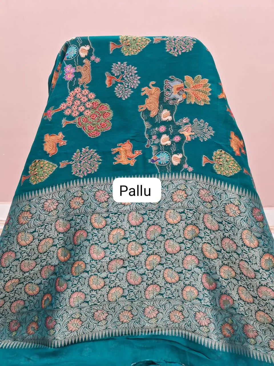 Marine Blue Pure Dola Silk Saree Pallu