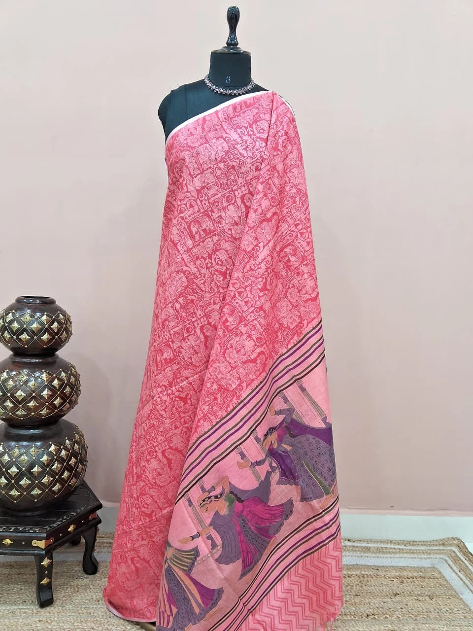 Rose pink bamboo silk saree 