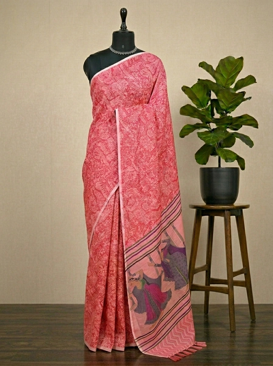 Rose pink bamboo silk saree 