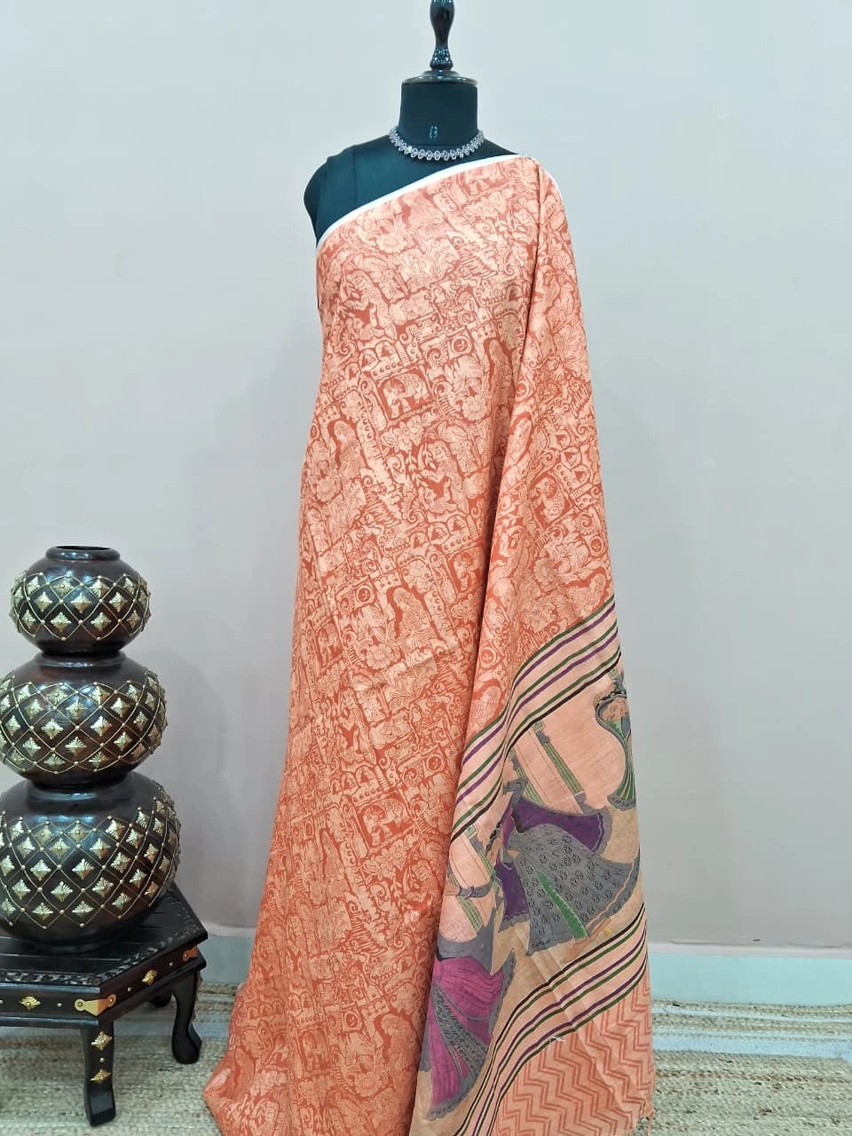 Peach bamboo silk saree