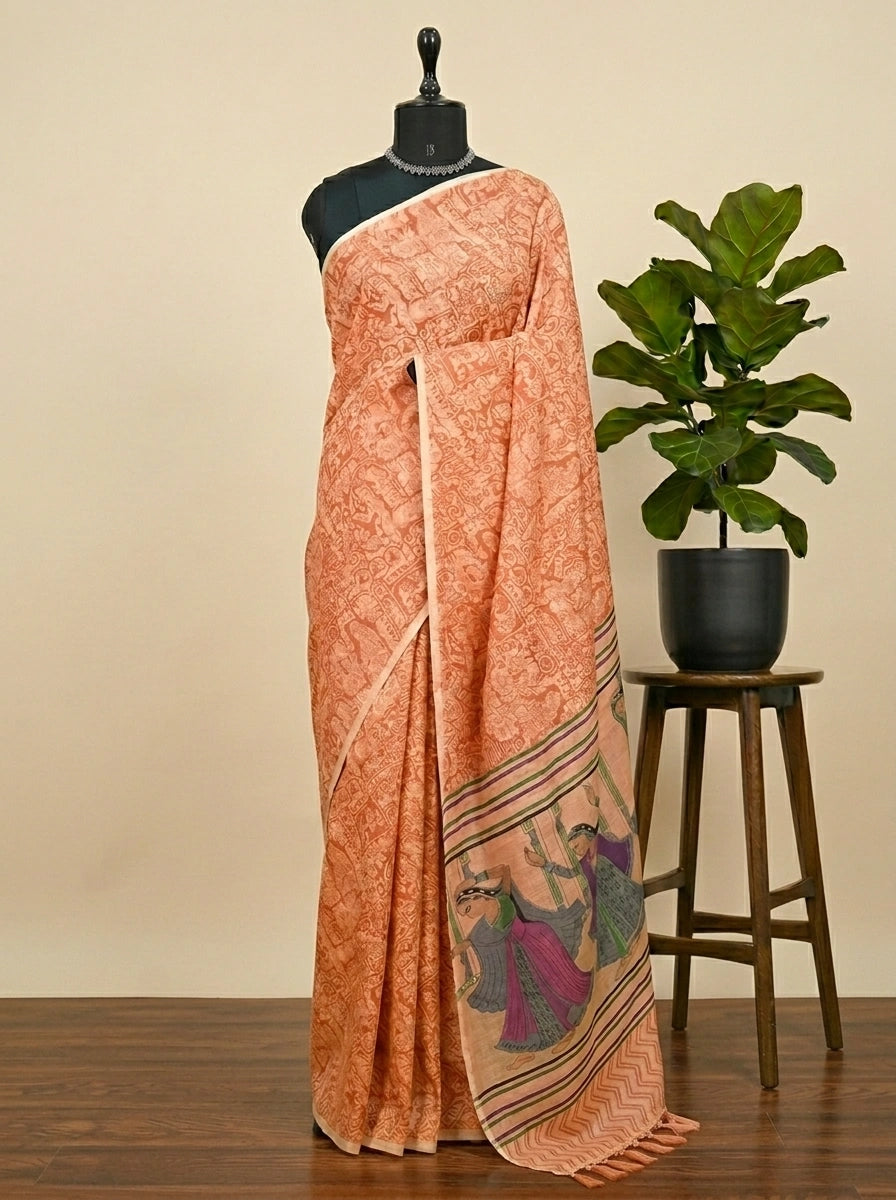 Peach bamboo silk saree