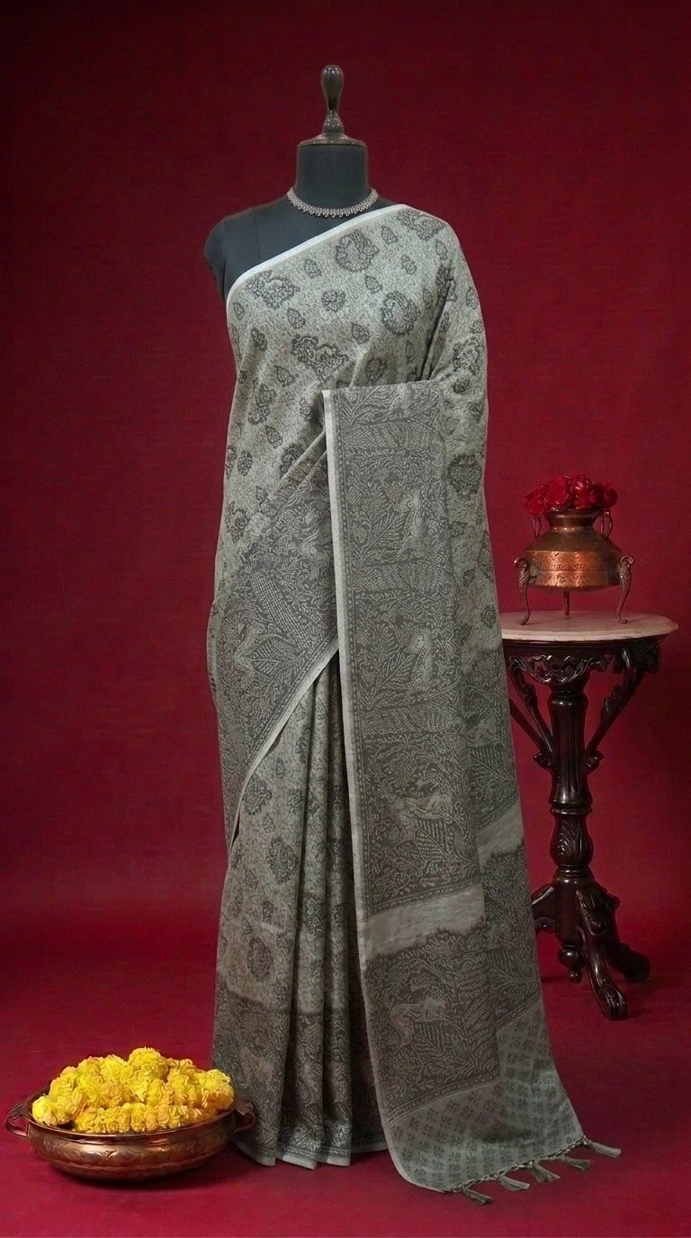 Dusty Olive Green Bamboo Silk Saree