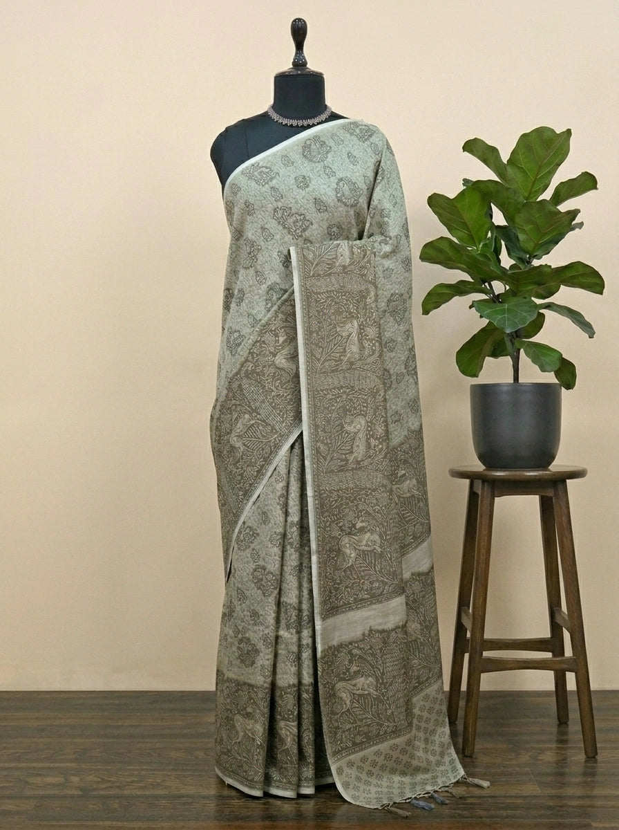 Dusty Olive Green Bamboo Silk Saree