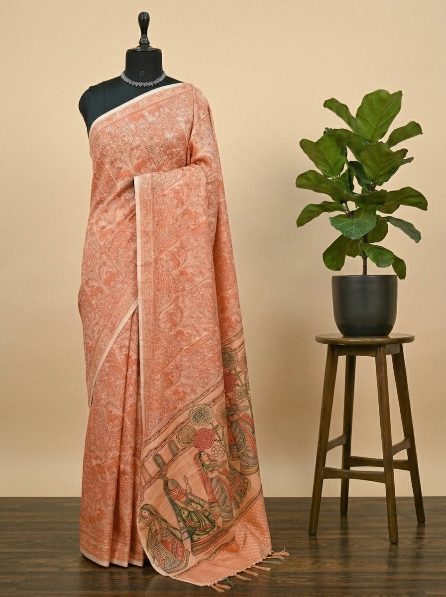 Peach Pure Bamboo Silk Saree