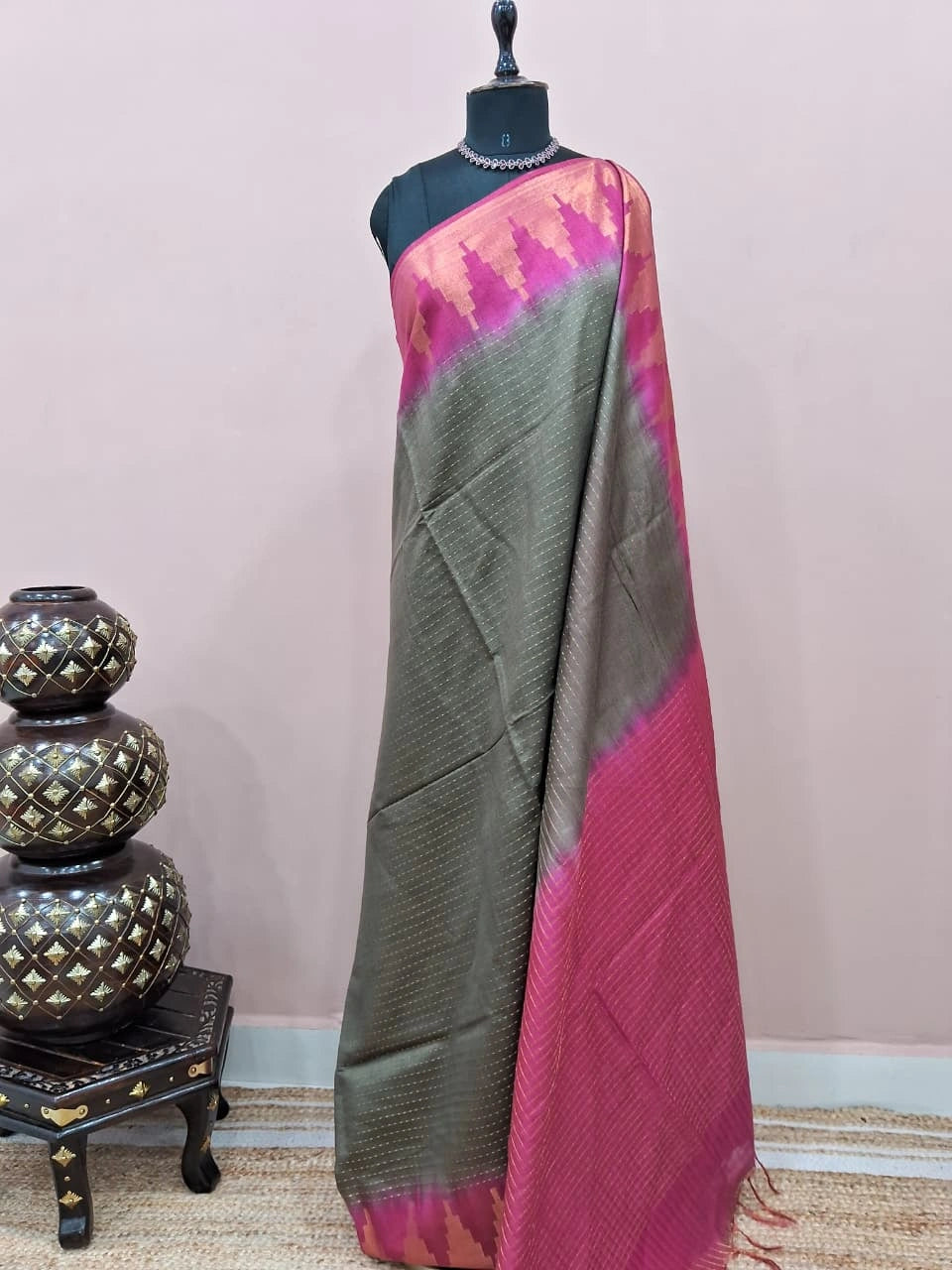 Olive Green Bamboo Silk Saree 