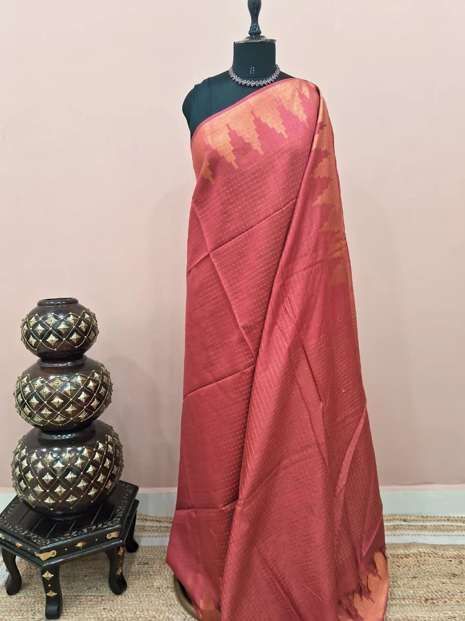 Brick red bamboo silk saree 